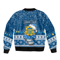 Personalised Tuvalu Christmas Sleeve Zip Bomber Jacket Snowman Hugs Tuvalu Coat of Arms Maori Pattern Blue Style LT03 - Polynesian Pride