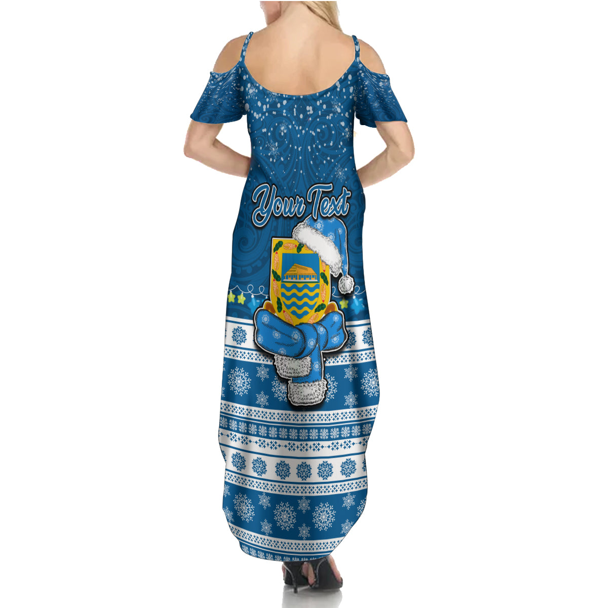 Personalised Tuvalu Christmas Summer Maxi Dress Snowman Hugs Tuvalu Coat of Arms Maori Pattern Blue Style LT03 - Polynesian Pride