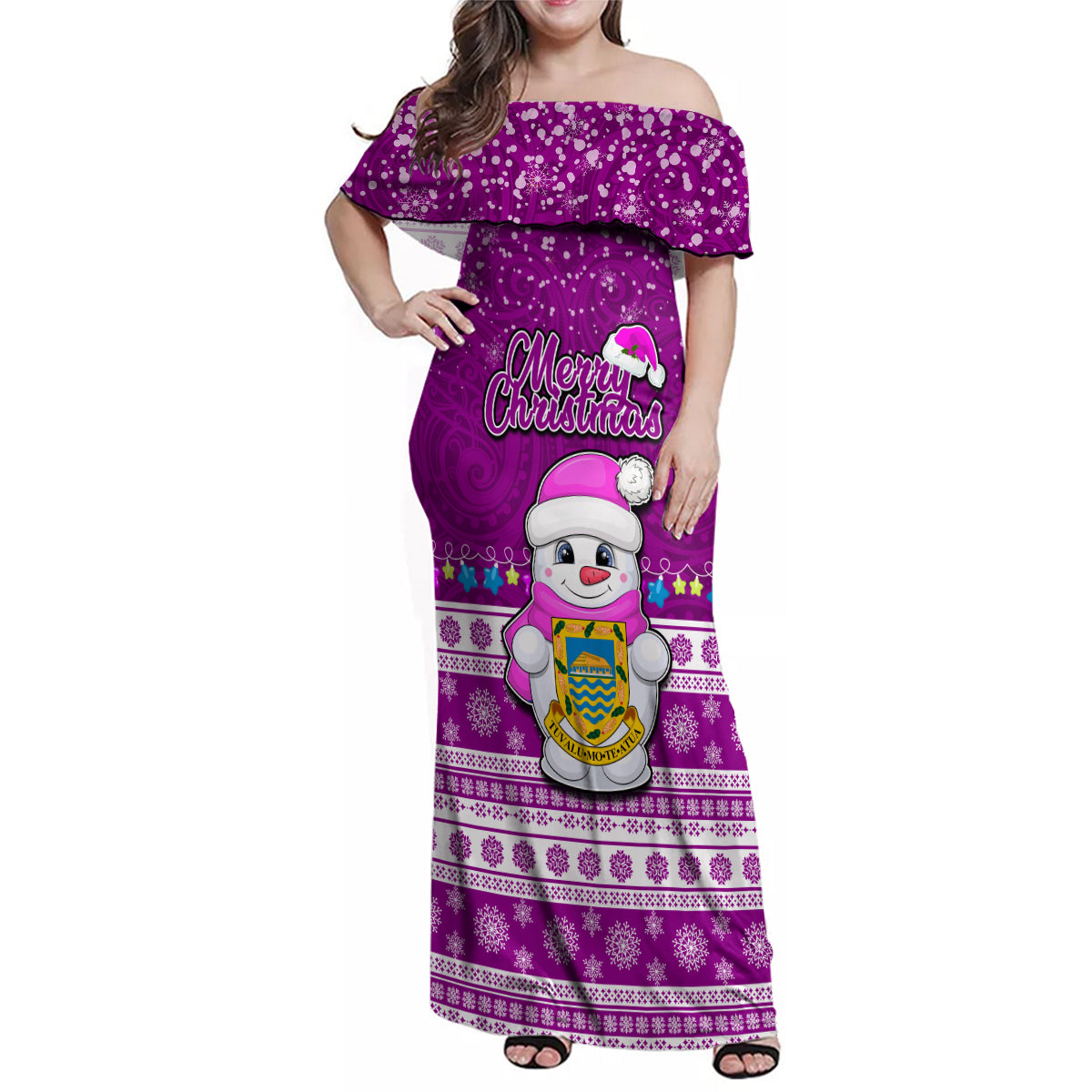 Tuvalu Christmas Family Matching Off Shoulder Maxi Dress and Hawaiian Shirt Snowman Hugs Tuvalu Coat of Arms Maori Pattern Pink Style LT03 Mom's Dress Pink - Polynesian Pride