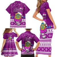 Tuvalu Christmas Family Matching Short Sleeve Bodycon Dress and Hawaiian Shirt Snowman Hugs Tuvalu Coat of Arms Maori Pattern Pink Style LT03 - Polynesian Pride