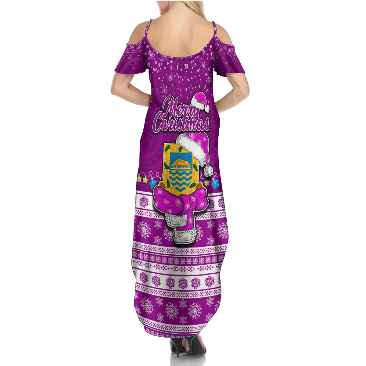Tuvalu Christmas Summer Maxi Dress Snowman Hugs Tuvalu Coat of Arms Maori Pattern Pink Style LT03 - Polynesian Pride