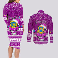 Personalised Tuvalu Christmas Couples Matching Long Sleeve Bodycon Dress and Long Sleeve Button Shirt Snowman Hugs Tuvalu Coat of Arms Maori Pattern Pink Style LT03 - Polynesian Pride
