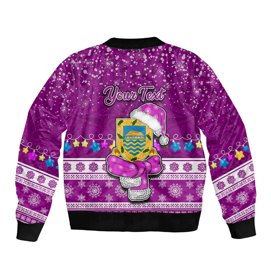 Personalised Tuvalu Christmas Sleeve Zip Bomber Jacket Snowman Hugs Tuvalu Coat of Arms Maori Pattern Pink Style LT03 - Polynesian Pride