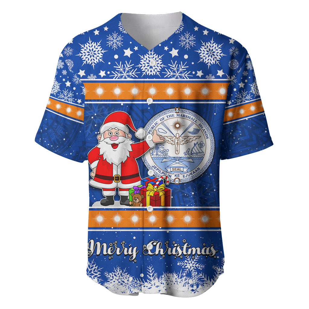 Marshall Islands Christmas Baseball Jersey Santa Claus and Coat of Arms Mix Polynesian Xmas Style LT03 Blue - Polynesian Pride