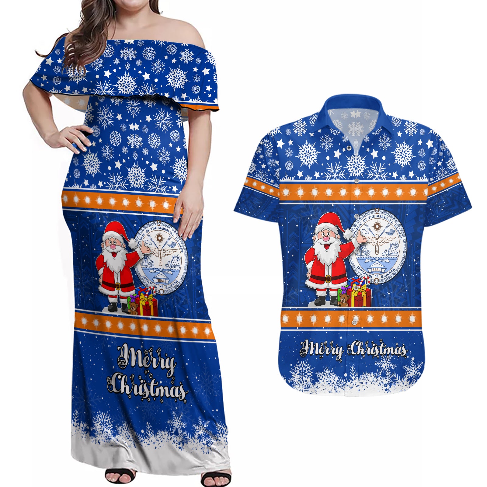 Marshall Islands Christmas Couples Matching Off Shoulder Maxi Dress and Hawaiian Shirt Santa Claus and Coat of Arms Mix Polynesian Xmas Style LT03 Blue - Polynesian Pride