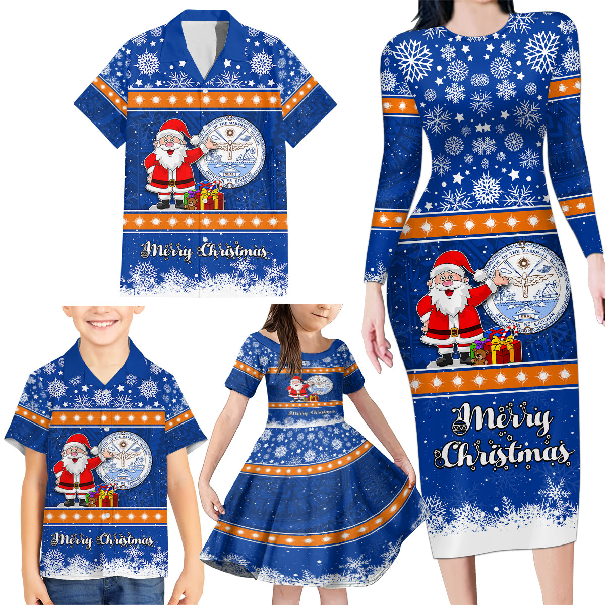 Marshall Islands Christmas Family Matching Long Sleeve Bodycon Dress and Hawaiian Shirt Santa Claus and Coat of Arms Mix Polynesian Xmas Style LT03 - Polynesian Pride