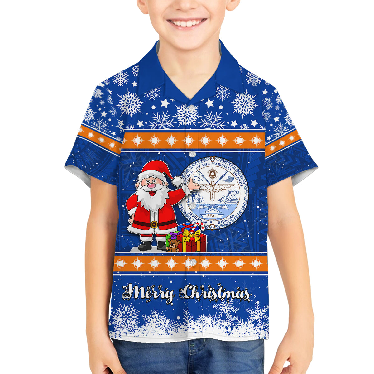 Marshall Islands Christmas Family Matching Puletasi Dress and Hawaiian Shirt Santa Claus and Coat of Arms Mix Polynesian Xmas Style LT03 Son's Shirt Blue - Polynesian Pride