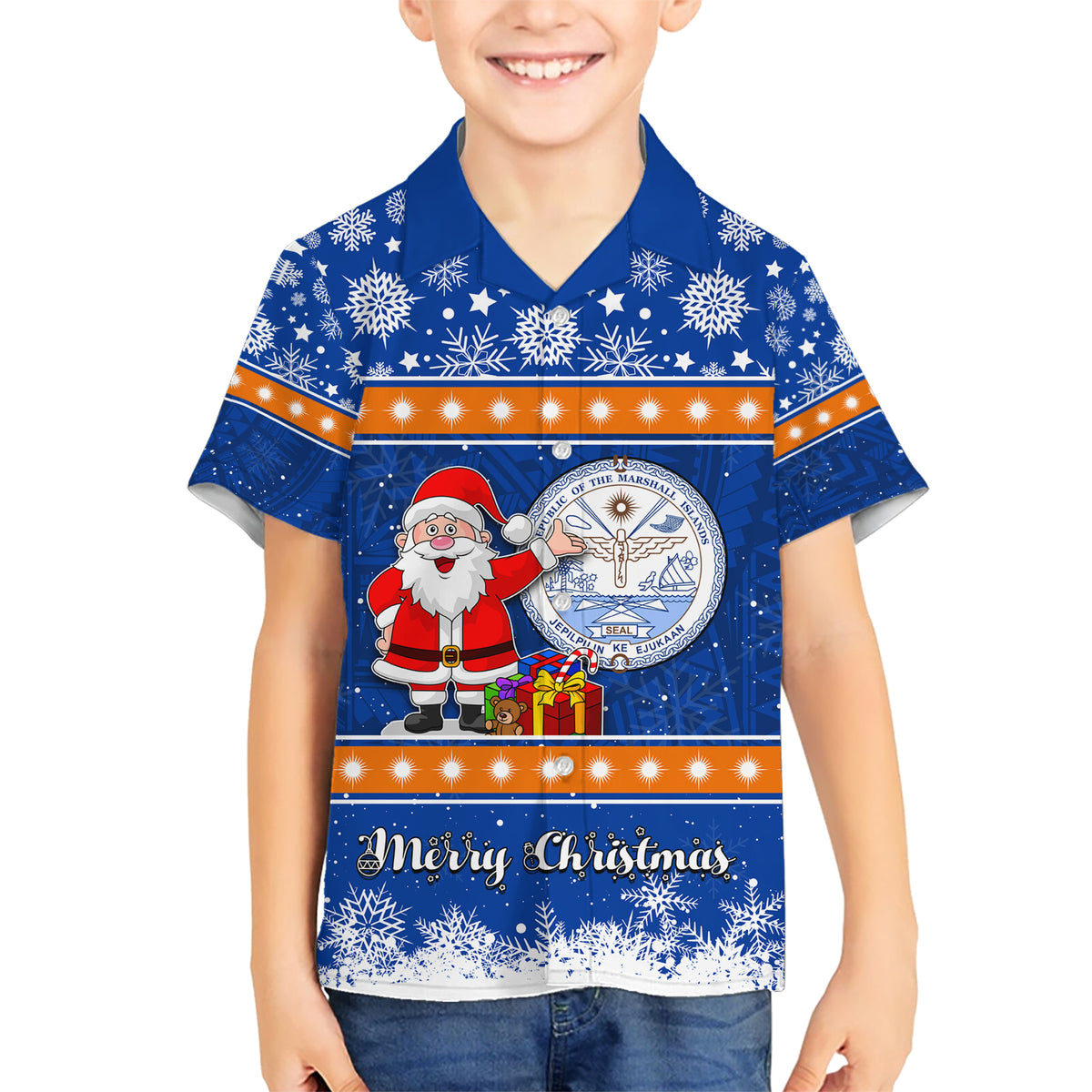 Marshall Islands Christmas Kid Hawaiian Shirt Santa Claus and Coat of Arms Mix Polynesian Xmas Style LT03 Kid Blue - Polynesian Pride