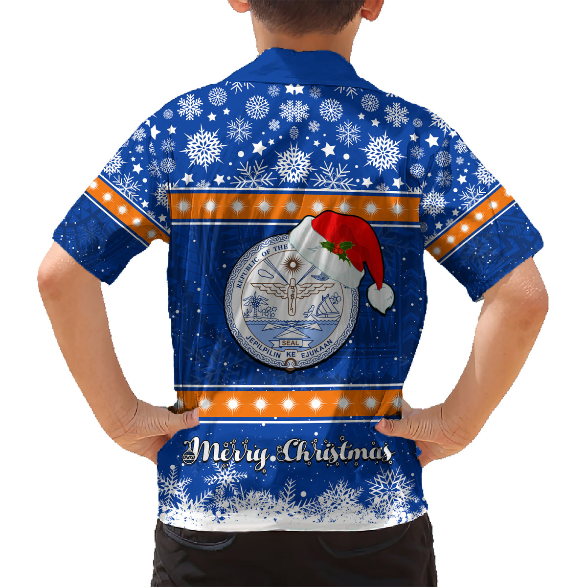 Marshall Islands Christmas Kid Hawaiian Shirt Santa Claus and Coat of Arms Mix Polynesian Xmas Style LT03 - Polynesian Pride