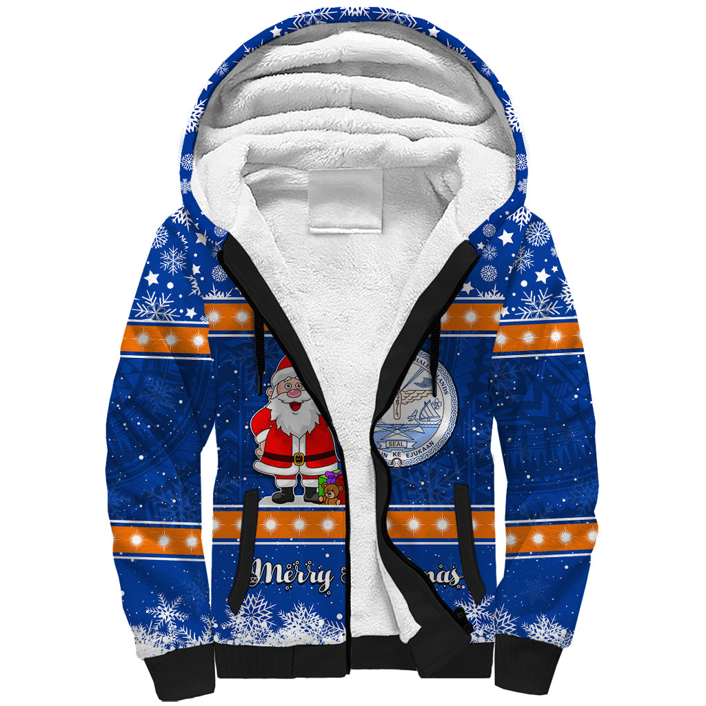 Marshall Islands Christmas Sherpa Hoodie Santa Claus and Coat of Arms Mix Polynesian Xmas Style LT03 Unisex Blue - Polynesian Pride