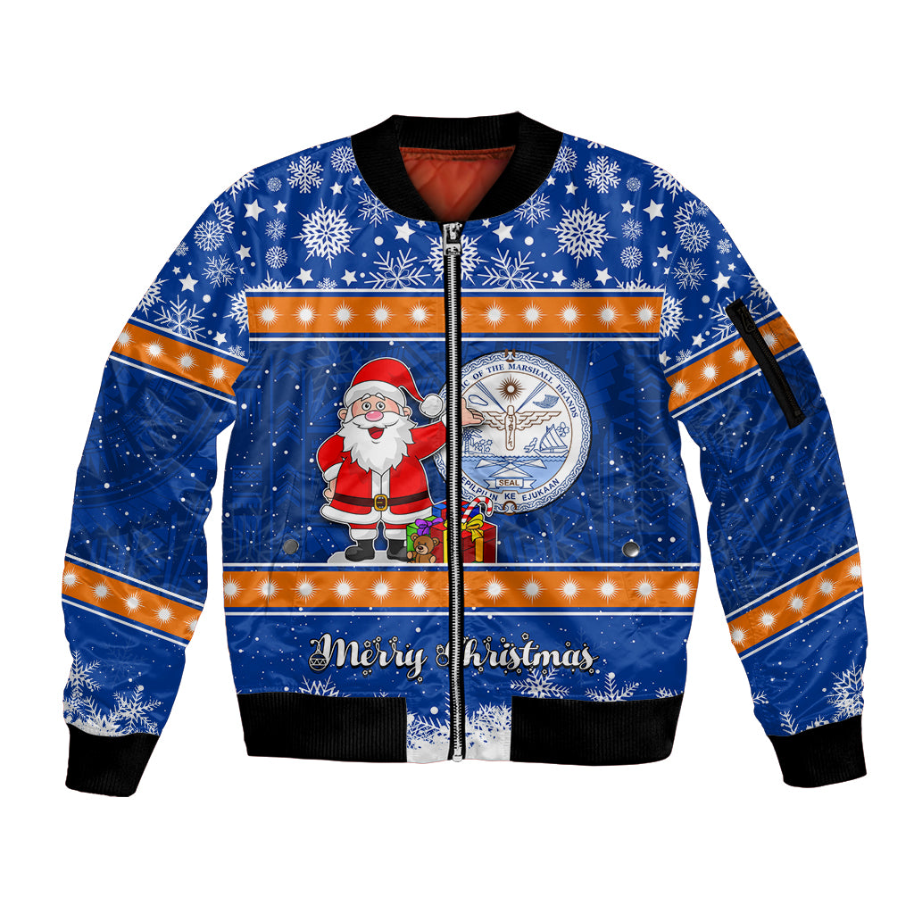 Marshall Islands Christmas Sleeve Zip Bomber Jacket Santa Claus and Coat of Arms Mix Polynesian Xmas Style LT03 Unisex Blue - Polynesian Pride