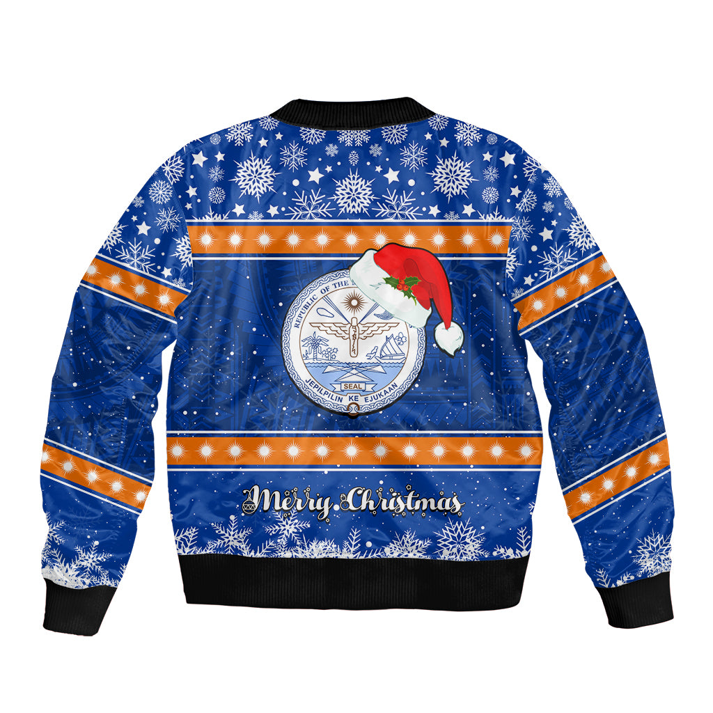 Marshall Islands Christmas Sleeve Zip Bomber Jacket Santa Claus and Coat of Arms Mix Polynesian Xmas Style LT03 - Polynesian Pride