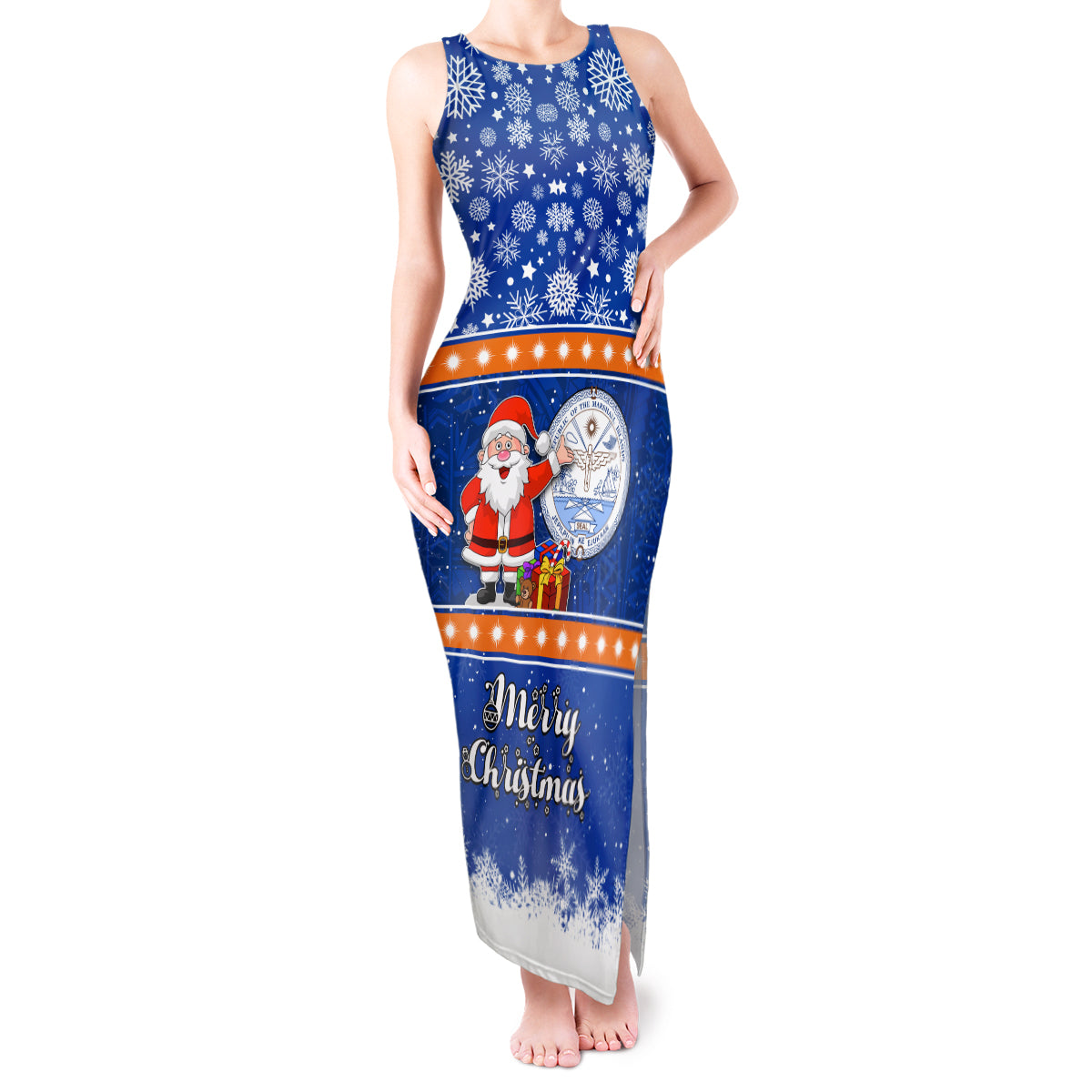 Marshall Islands Christmas Tank Maxi Dress Santa Claus and Coat of Arms Mix Polynesian Xmas Style LT03 Women Blue - Polynesian Pride