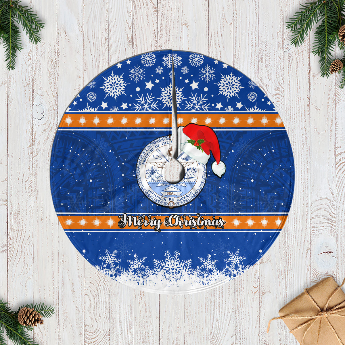 Marshall Islands Christmas Tree Skirt Santa Claus and Coat of Arms Mix Polynesian Xmas Style LT03 Blue - Polynesian Pride