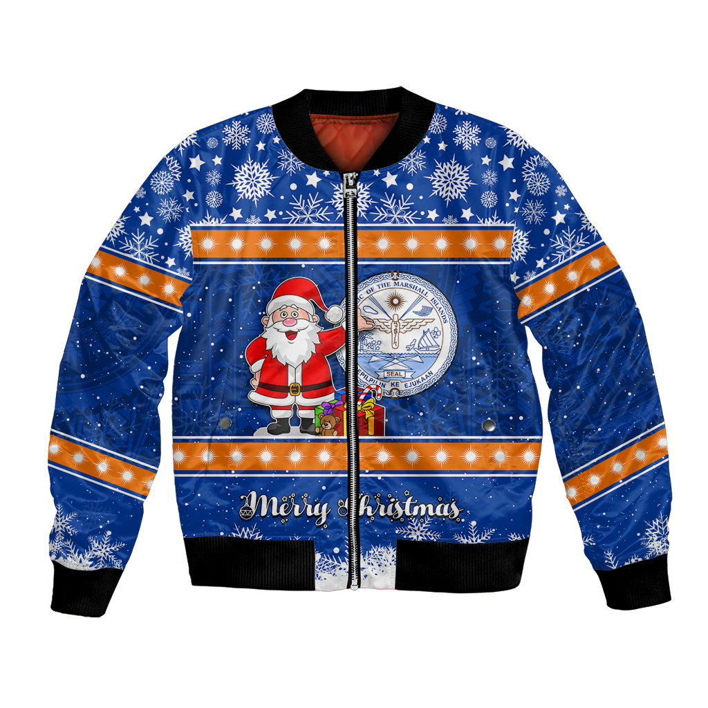 Personalised Marshall Islands Christmas Bomber Jacket Santa Claus and Coat of Arms Mix Polynesian Xmas Style LT03 Unisex Blue - Polynesian Pride