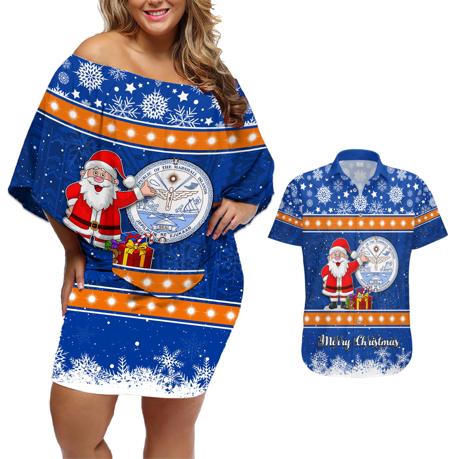 Personalised Marshall Islands Christmas Couples Matching Off Shoulder Short Dress and Hawaiian Shirt Santa Claus and Coat of Arms Mix Polynesian Xmas Style LT03 Blue - Polynesian Pride