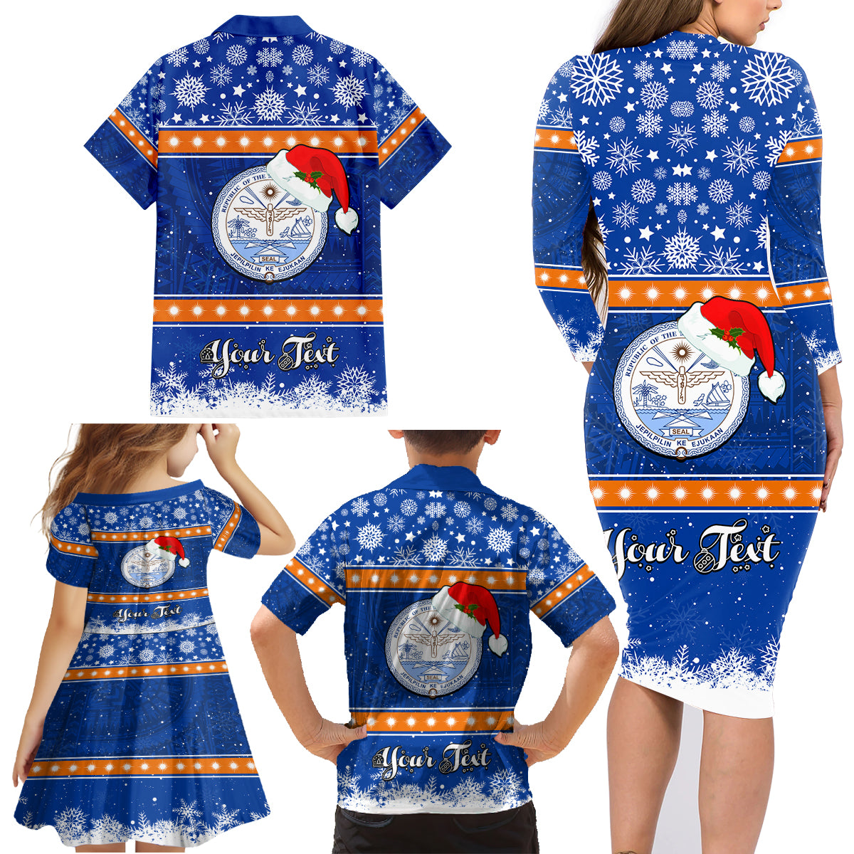 Personalised Marshall Islands Christmas Family Matching Long Sleeve Bodycon Dress and Hawaiian Shirt Santa Claus and Coat of Arms Mix Polynesian Xmas Style LT03 - Polynesian Pride