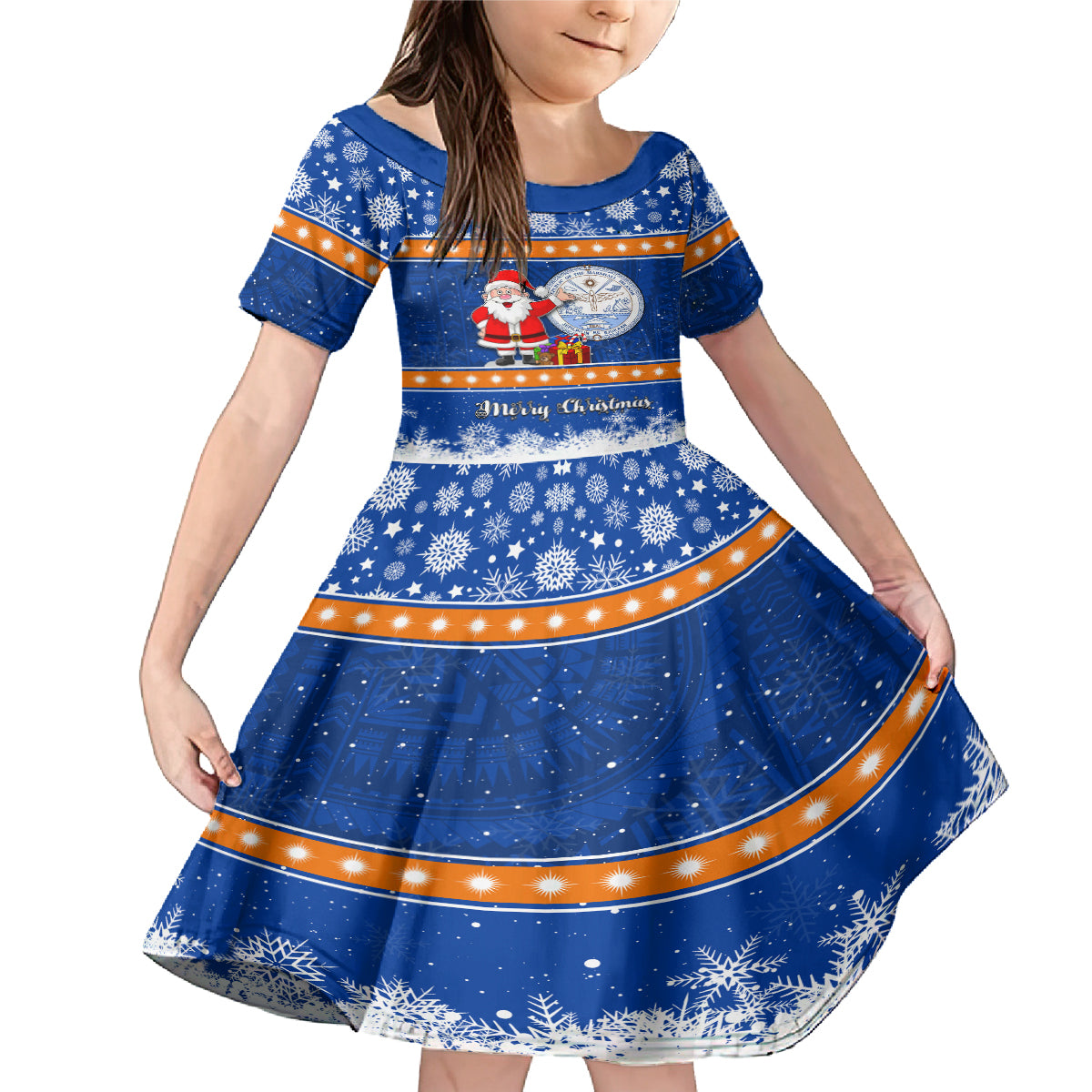 Personalised Marshall Islands Christmas Family Matching Mermaid Dress and Hawaiian Shirt Santa Claus and Coat of Arms Mix Polynesian Xmas Style LT03 Daughter's Dress Blue - Polynesian Pride