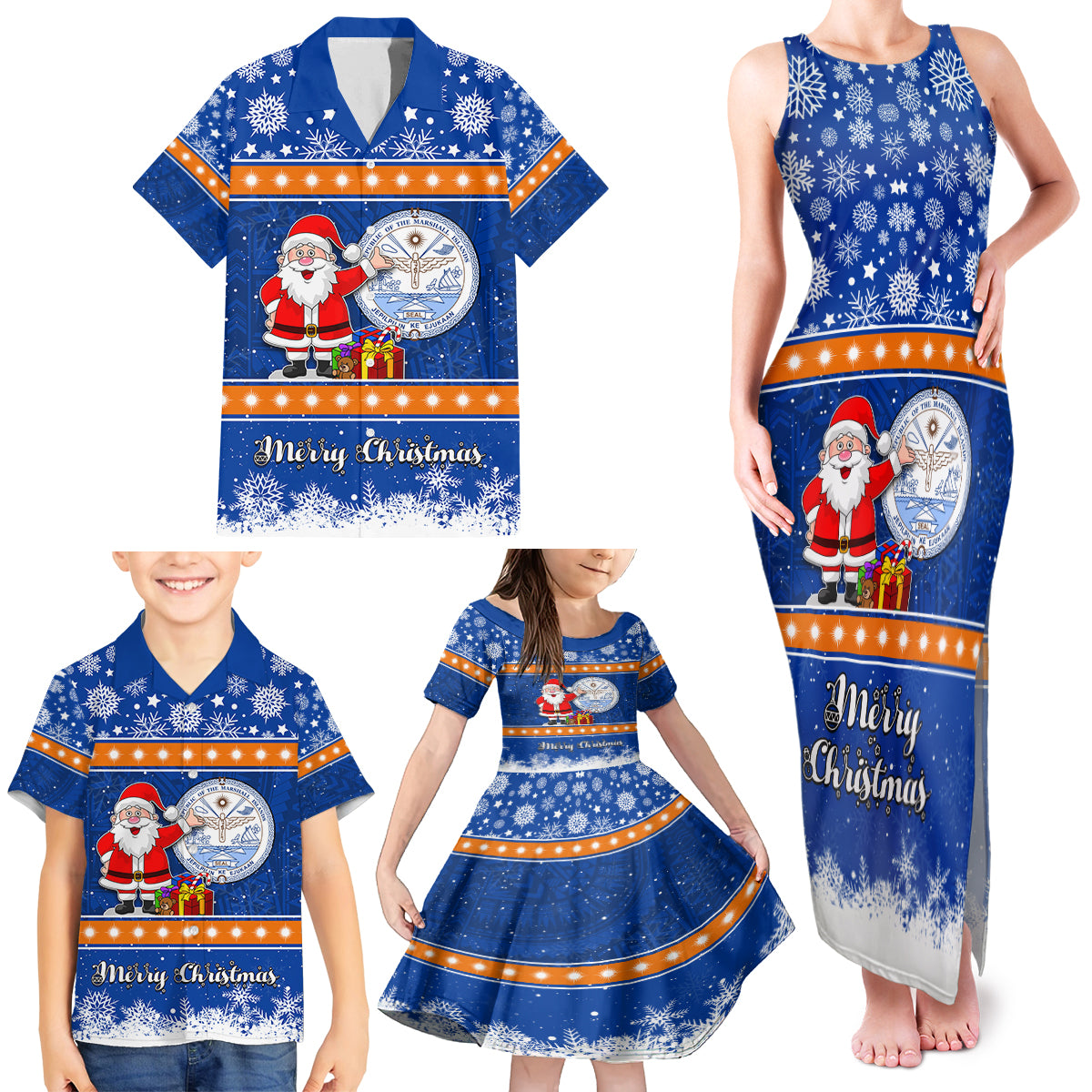 Personalised Marshall Islands Christmas Family Matching Tank Maxi Dress and Hawaiian Shirt Santa Claus and Coat of Arms Mix Polynesian Xmas Style LT03 - Polynesian Pride