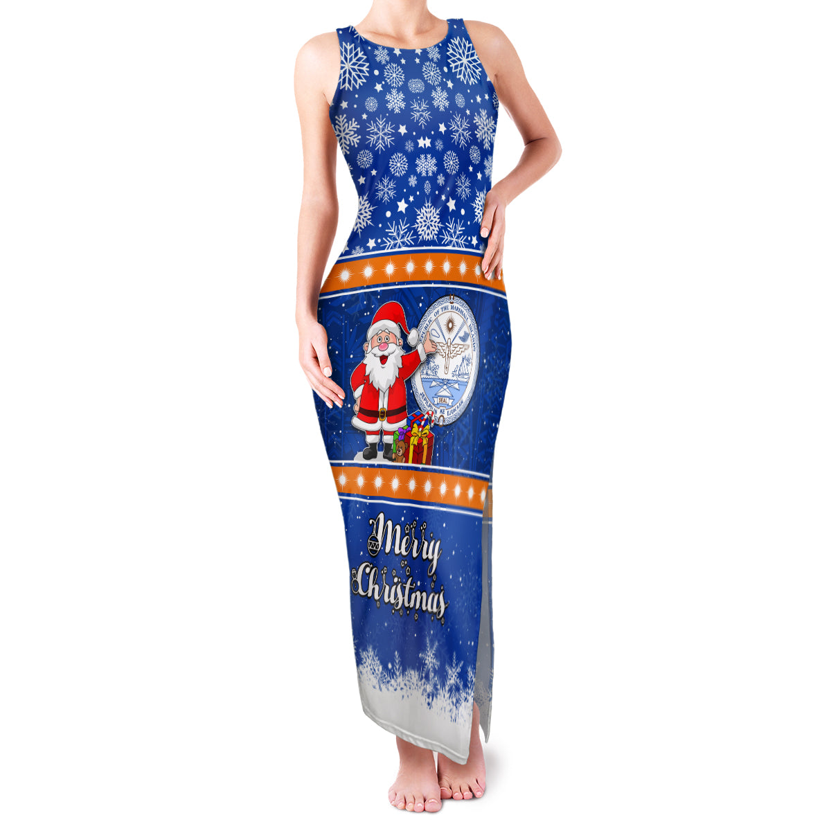 Personalised Marshall Islands Christmas Family Matching Tank Maxi Dress and Hawaiian Shirt Santa Claus and Coat of Arms Mix Polynesian Xmas Style LT03 Mom's Dress Blue - Polynesian Pride