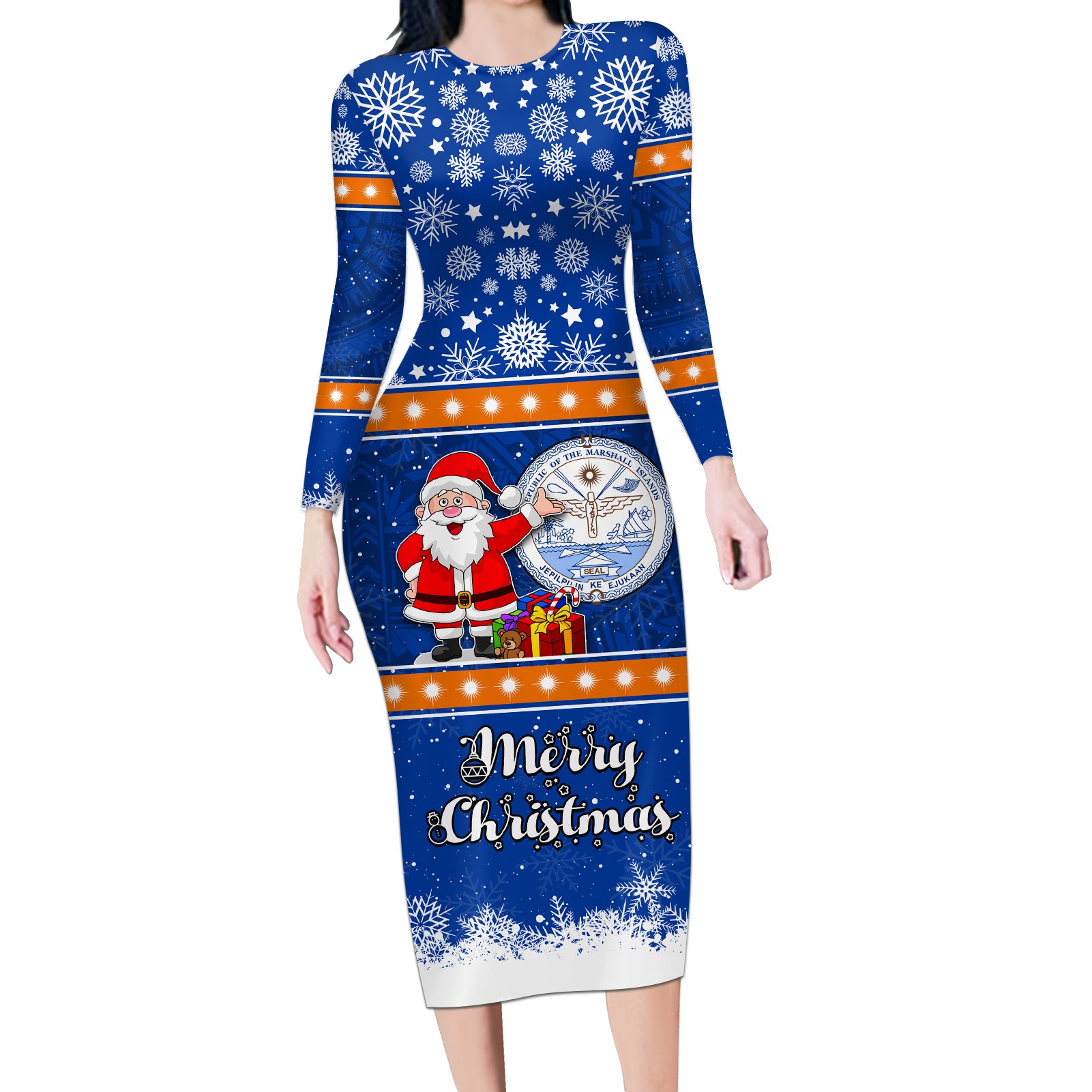 Personalised Marshall Islands Christmas Long Sleeve Bodycon Dress Santa Claus and Coat of Arms Mix Polynesian Xmas Style LT03 Long Dress Blue - Polynesian Pride