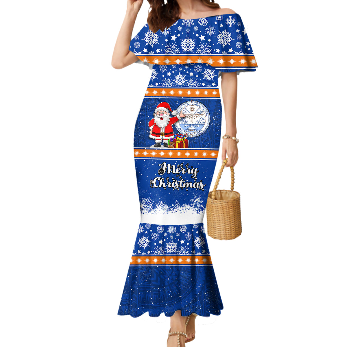 Personalised Marshall Islands Christmas Mermaid Dress Santa Claus and Coat of Arms Mix Polynesian Xmas Style LT03 Women Blue - Polynesian Pride