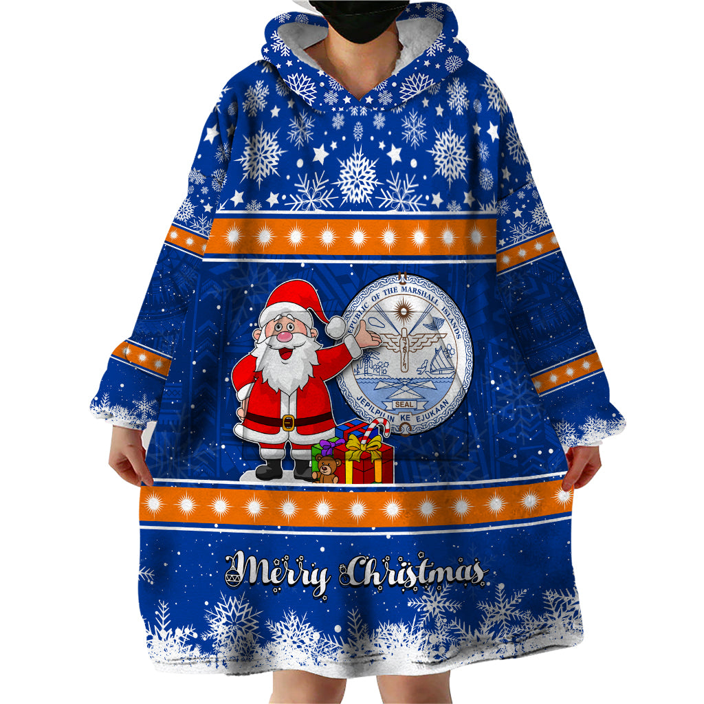 Personalised Marshall Islands Christmas Wearable Blanket Hoodie Santa Claus and Coat of Arms Mix Polynesian Xmas Style LT03 - Polynesian Pride