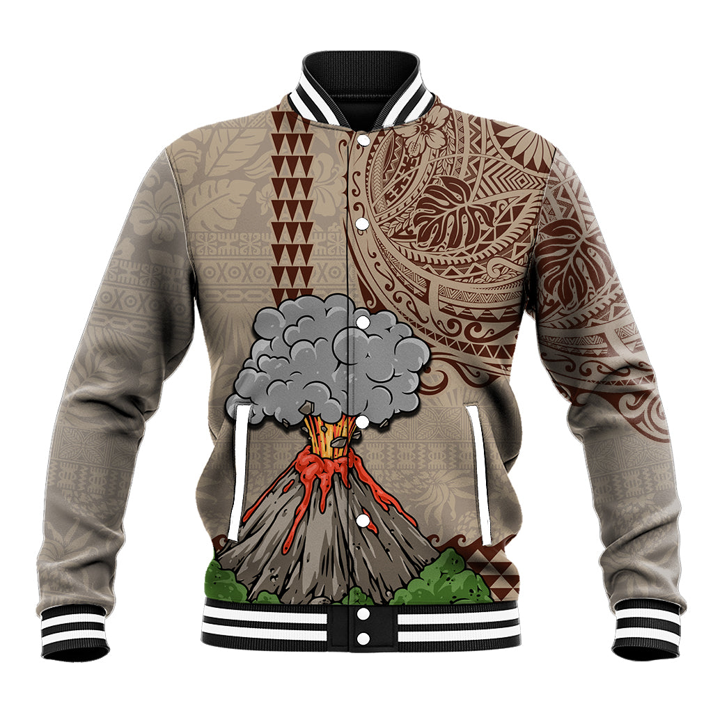 Hawaii Baseball Jacket Aloha Volcano Mix Kakau Hawaiian Tribal LT03 Unisex Beige - Polynesian Pride