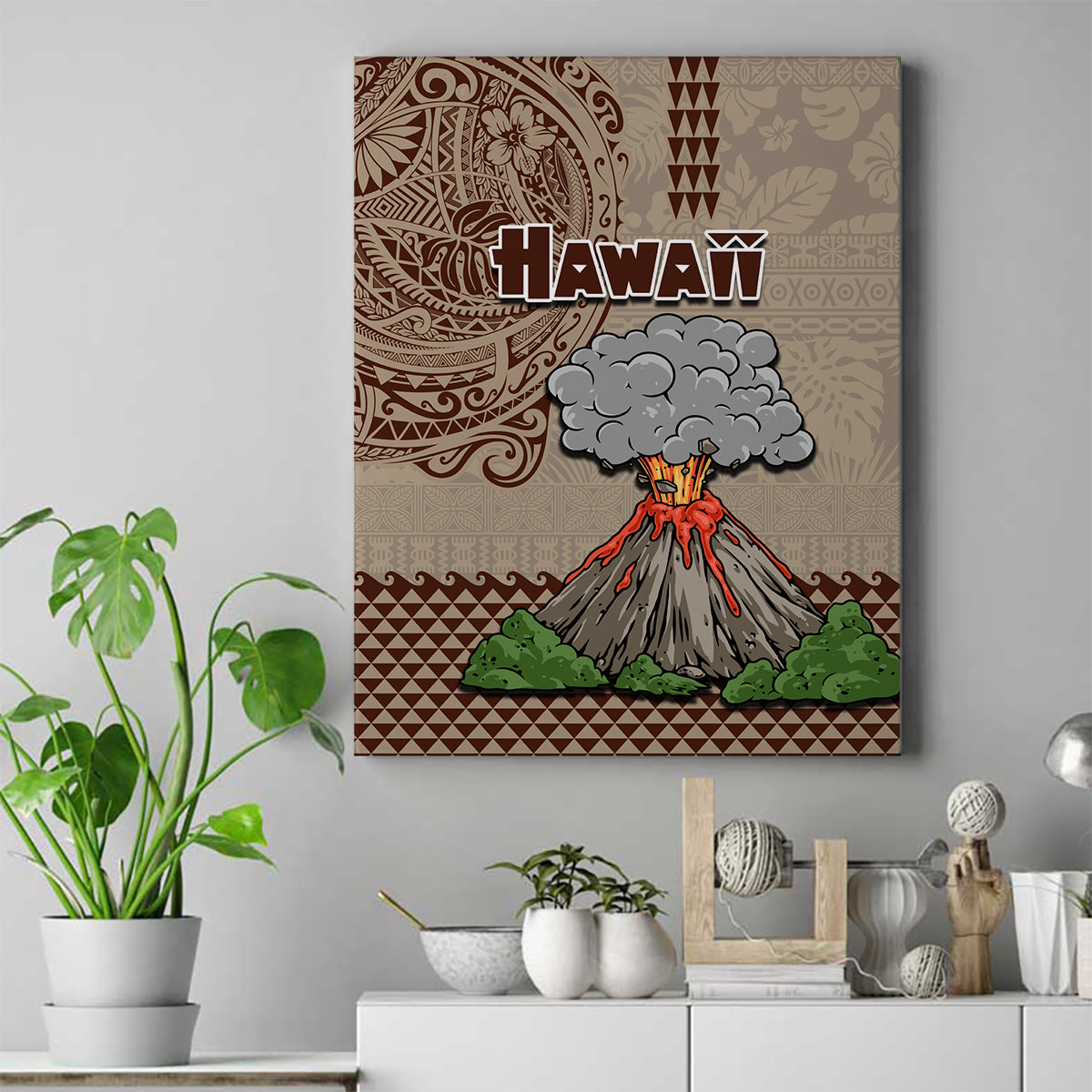 Hawaii Canvas Wall Art Aloha Volcano Mix Kakau Hawaiian Tribal LT03 Beige - Polynesian Pride