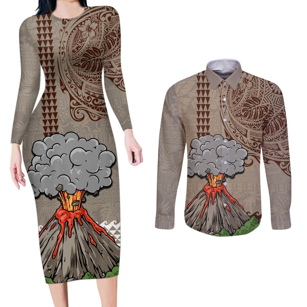 Hawaii Couples Matching Long Sleeve Bodycon Dress and Long Sleeve Button Shirt Aloha Volcano Mix Kakau Hawaiian Tribal LT03 Beige - Polynesian Pride
