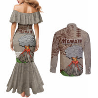 Hawaii Couples Matching Mermaid Dress and Long Sleeve Button Shirt Aloha Volcano Mix Kakau Hawaiian Tribal LT03 - Polynesian Pride