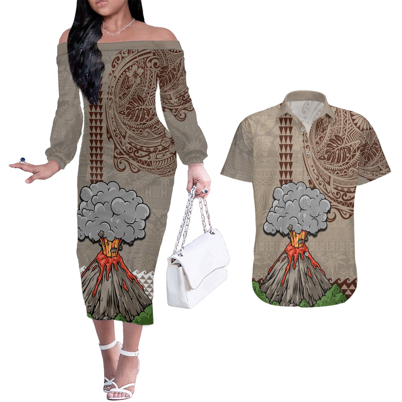 Hawaii Couples Matching Off The Shoulder Long Sleeve Dress and Hawaiian Shirt Aloha Volcano Mix Kakau Hawaiian Tribal LT03 Beige - Polynesian Pride