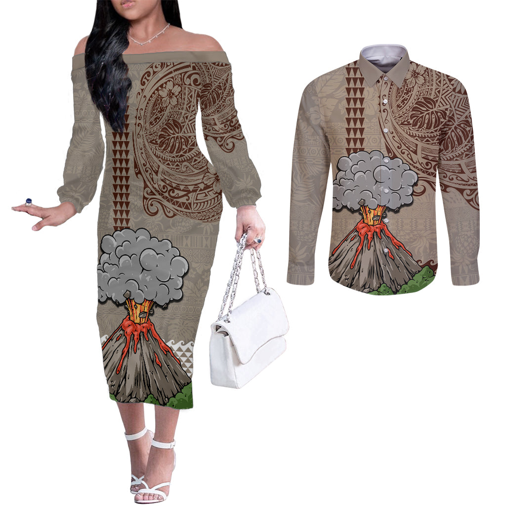 Hawaii Couples Matching Off The Shoulder Long Sleeve Dress and Long Sleeve Button Shirt Aloha Volcano Mix Kakau Hawaiian Tribal LT03 Beige - Polynesian Pride