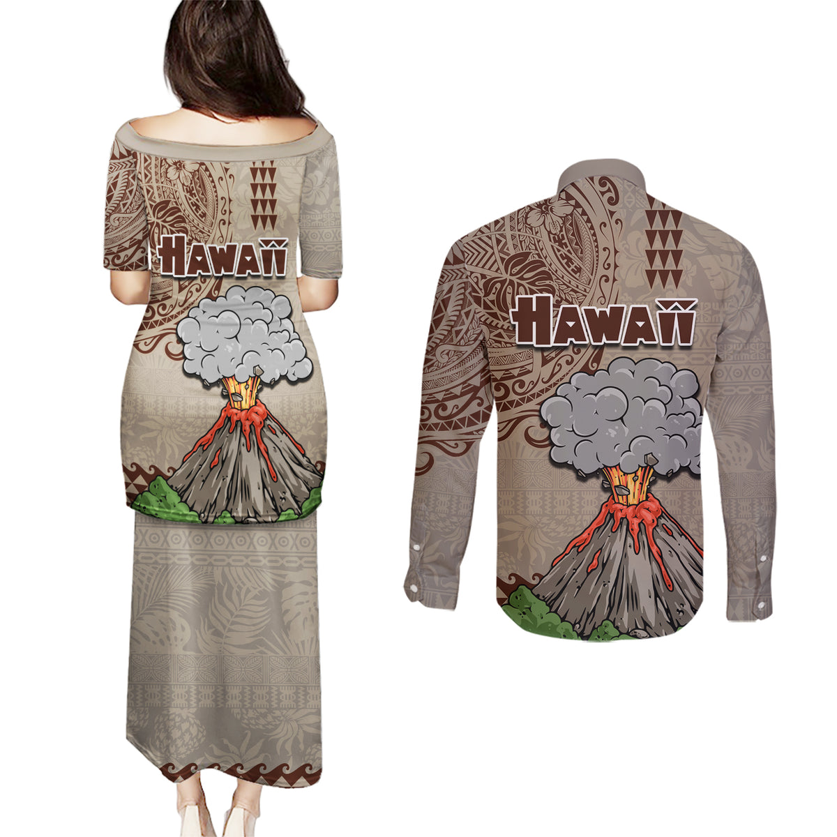 Hawaii Couples Matching Puletasi Dress and Long Sleeve Button Shirt Aloha Volcano Mix Kakau Hawaiian Tribal LT03 - Polynesian Pride
