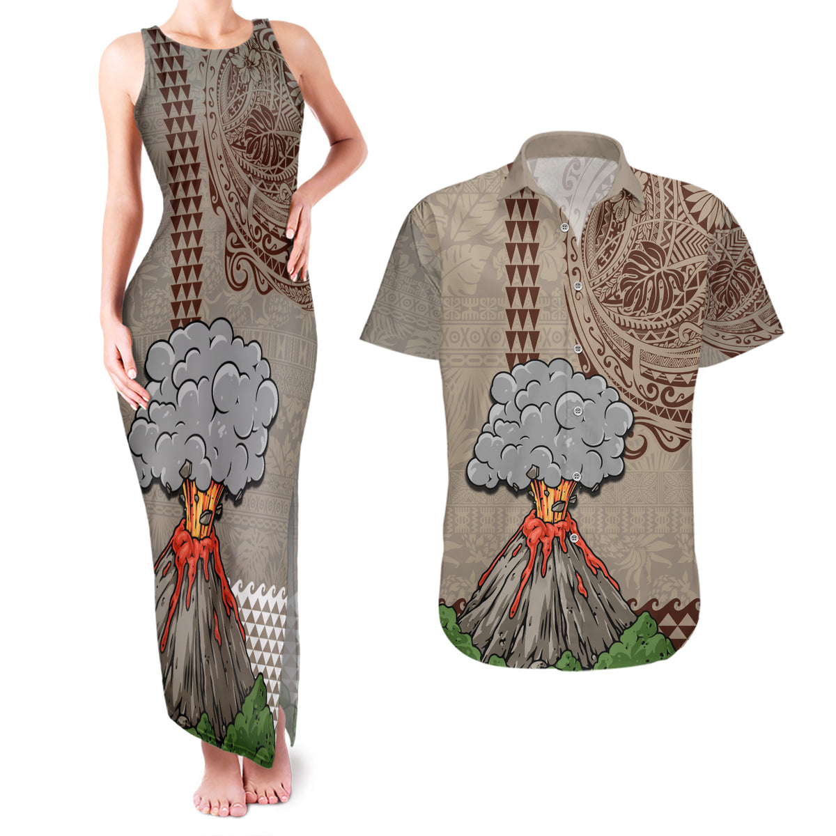 Hawaii Couples Matching Tank Maxi Dress and Hawaiian Shirt Aloha Volcano Mix Kakau Hawaiian Tribal LT03 Beige - Polynesian Pride