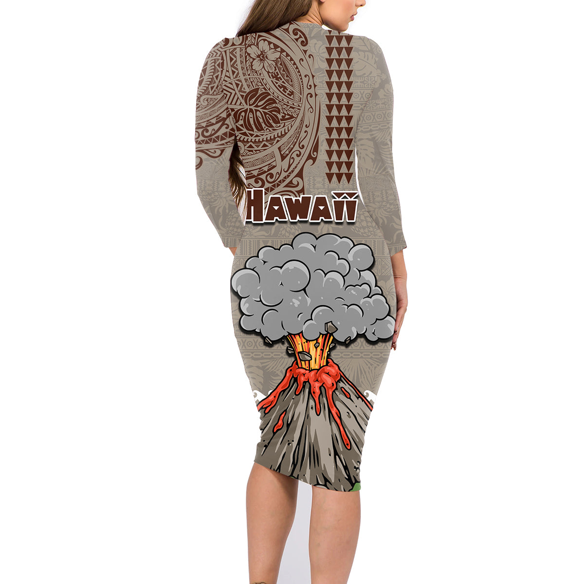 Hawaii Family Matching Long Sleeve Bodycon Dress and Hawaiian Shirt Aloha Volcano Mix Kakau Hawaiian Tribal LT03 - Polynesian Pride