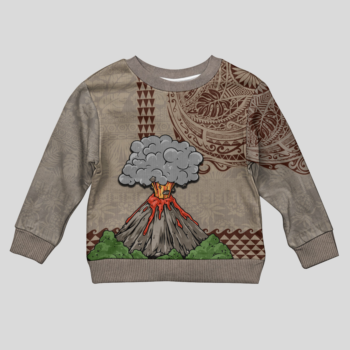 Hawaii Kid Ugly Christmas Sweater Aloha Volcano Mix Kakau Hawaiian Tribal LT03 Kid Beige - Polynesian Pride