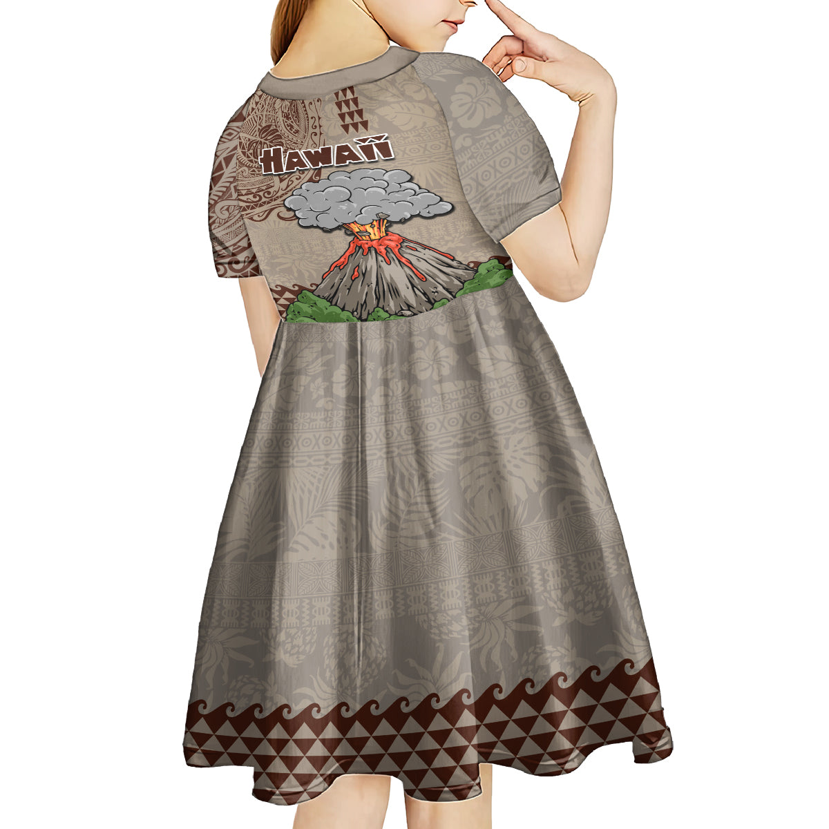 Hawaii Kid Short Sleeve Dress Aloha Volcano Mix Kakau Hawaiian Tribal LT03 - Polynesian Pride