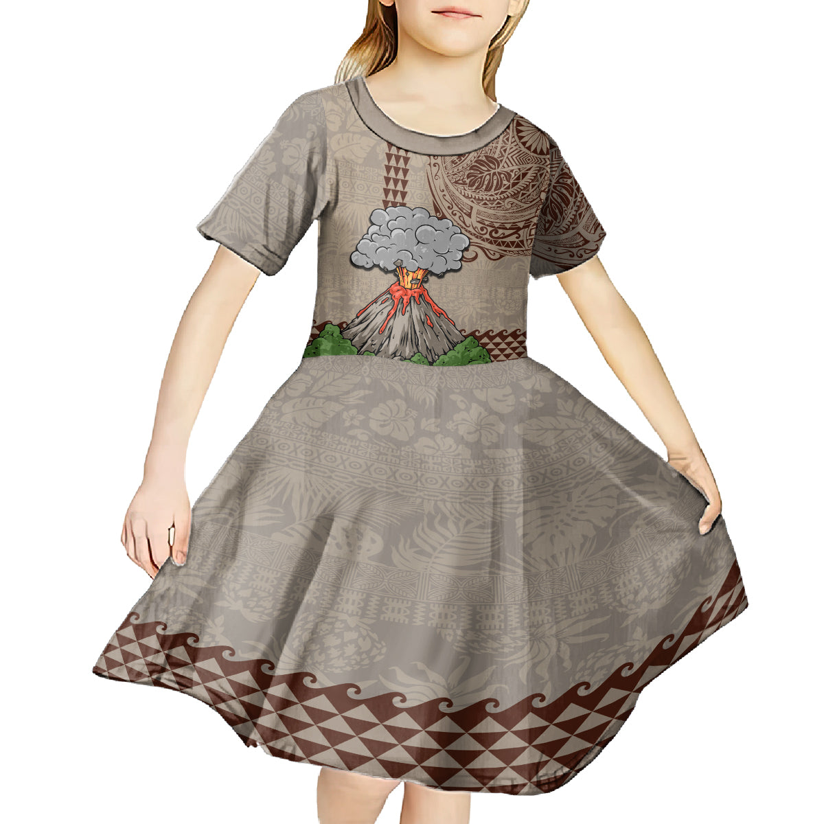 Hawaii Kid Short Sleeve Dress Aloha Volcano Mix Kakau Hawaiian Tribal LT03 - Polynesian Pride