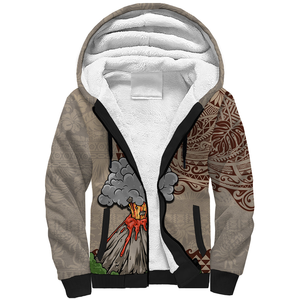 Hawaii Sherpa Hoodie Aloha Volcano Mix Kakau Hawaiian Tribal LT03 Unisex Beige - Polynesian Pride