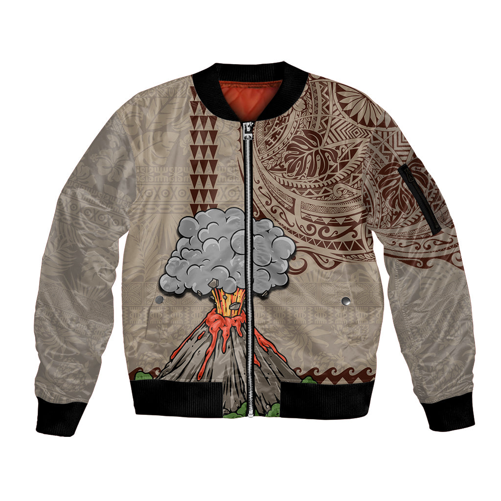 Hawaii Sleeve Zip Bomber Jacket Aloha Volcano Mix Kakau Hawaiian Tribal LT03 Unisex Beige - Polynesian Pride