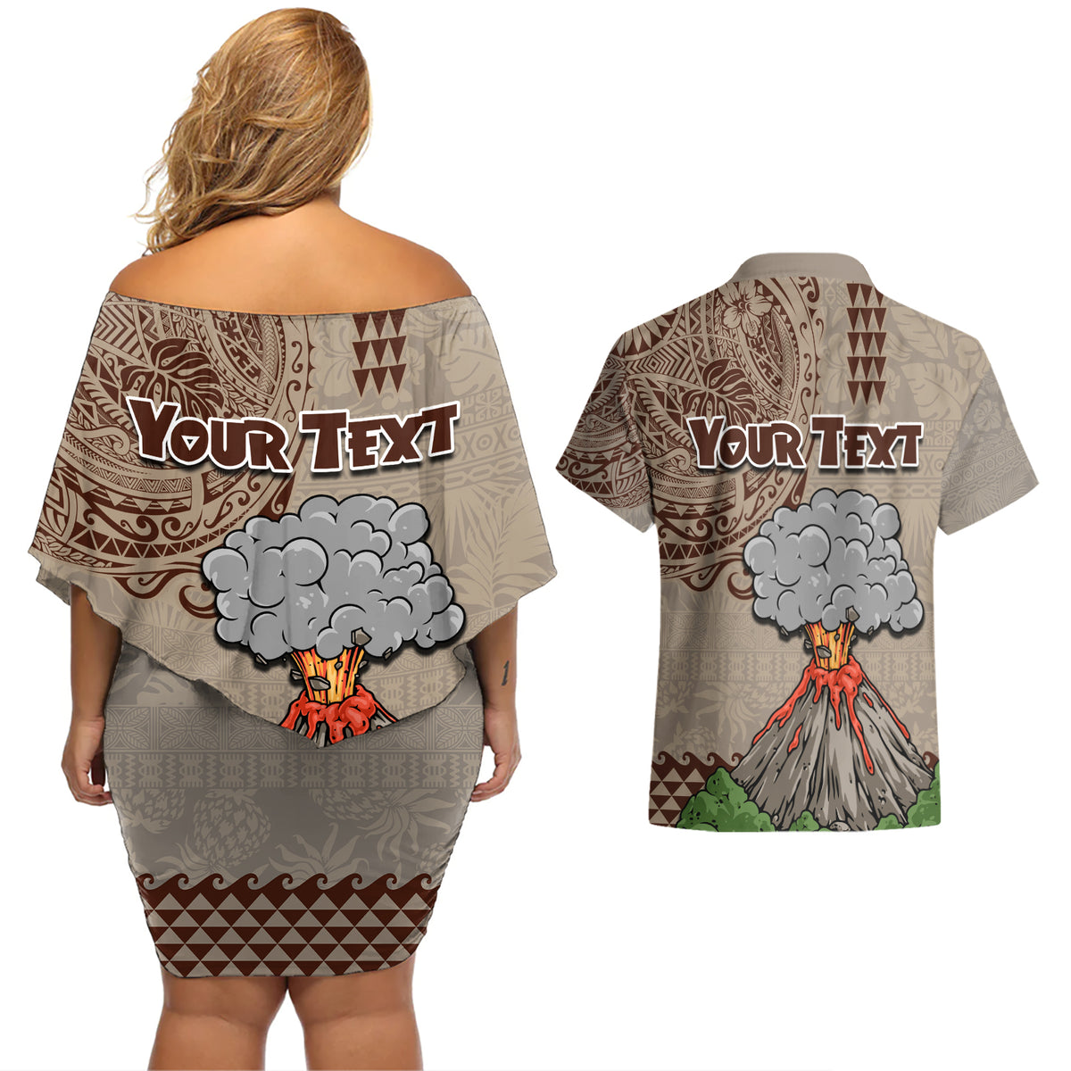 Aloha Volcano Custom Couples Matching Off Shoulder Short Dress and Hawaiian Shirt Mix Hawaiian Kakau Tribal LT03 - Polynesian Pride