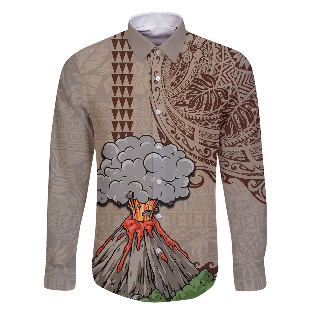 Aloha Volcano Custom Family Matching Off Shoulder Maxi Dress and Hawaiian Shirt Mix Hawaiian Kakau Tribal LT03 Dad's Shirt - Long Sleeve Beige - Polynesian Pride