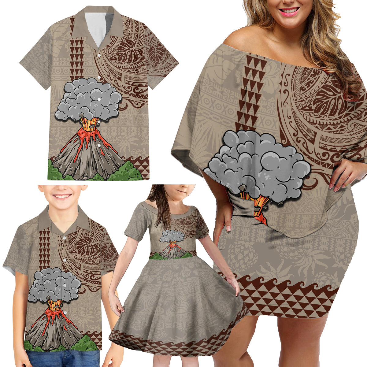 Aloha Volcano Custom Family Matching Off Shoulder Short Dress and Hawaiian Shirt Mix Hawaiian Kakau Tribal LT03 - Polynesian Pride