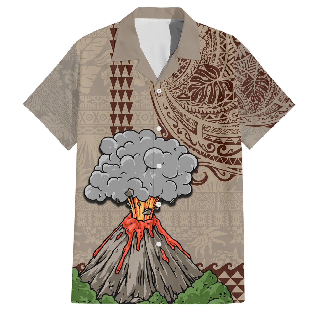 Aloha Volcano Custom Family Matching Short Sleeve Bodycon Dress and Hawaiian Shirt Mix Hawaiian Kakau Tribal LT03 Dad's Shirt - Short Sleeve Beige - Polynesian Pride