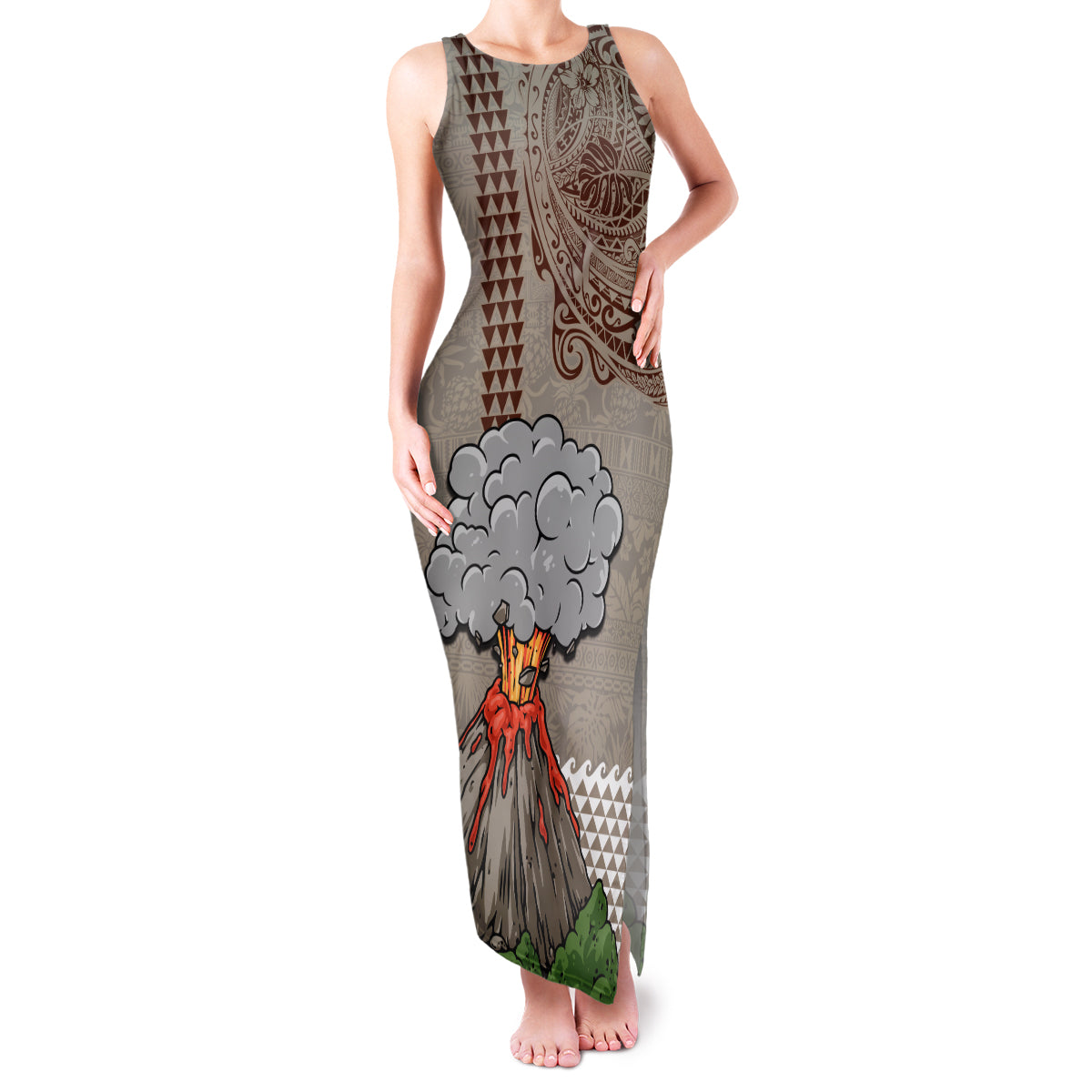 Aloha Volcano Custom Family Matching Tank Maxi Dress and Hawaiian Shirt Mix Hawaiian Kakau Tribal LT03 Mom's Dress Beige - Polynesian Pride