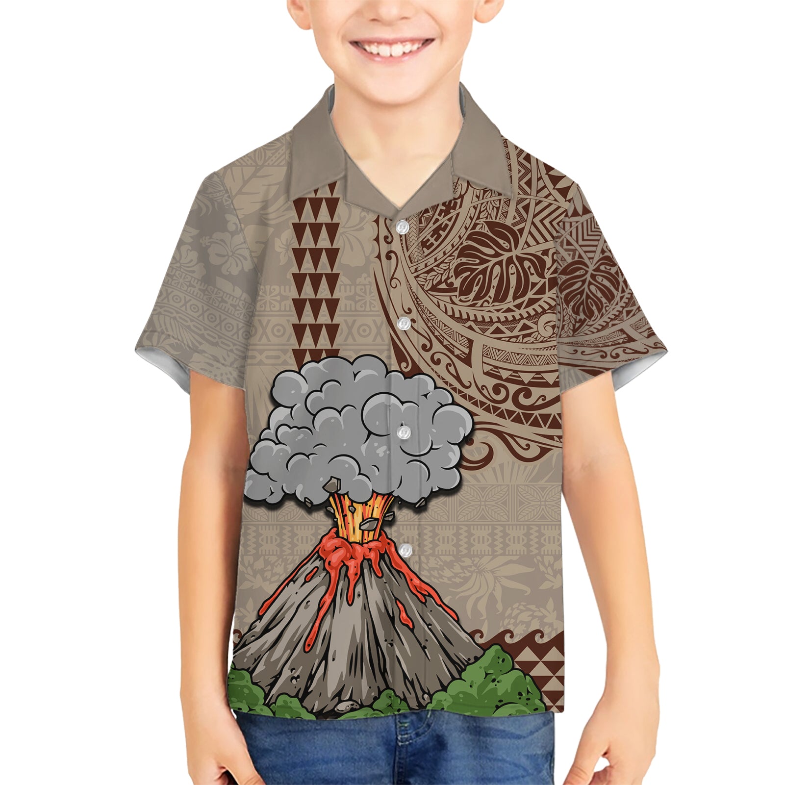 Aloha Volcano Custom Kid Hawaiian Shirt Mix Hawaiian Kakau Tribal LT03 Kid Beige - Polynesian Pride