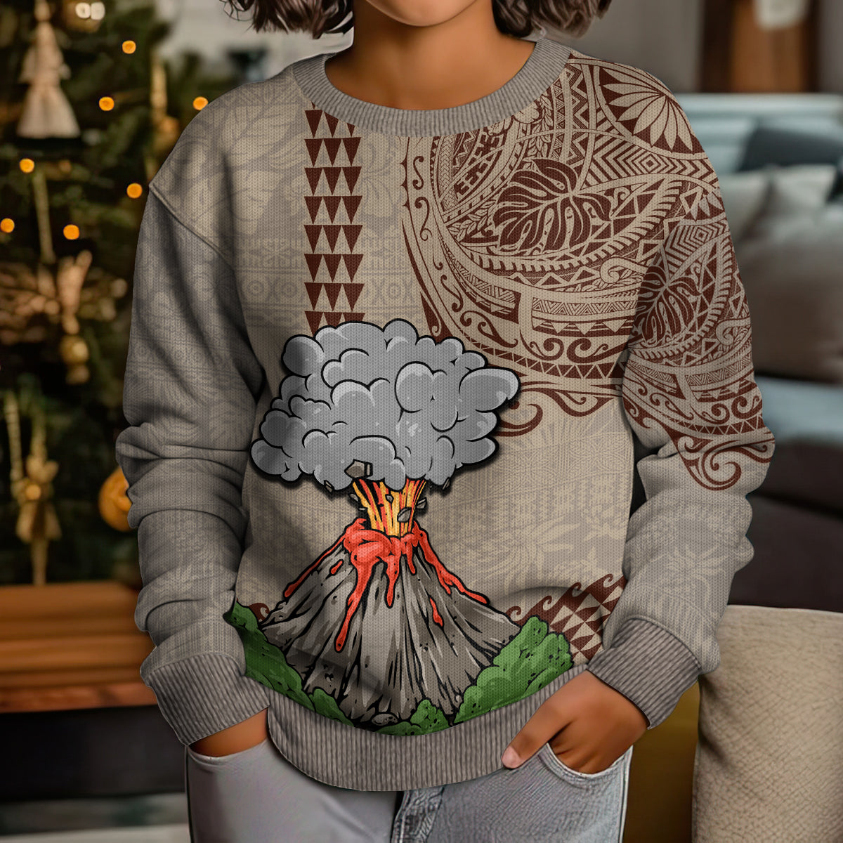 Aloha Volcano Custom Kid Ugly Christmas Sweater Mix Hawaiian Kakau Tribal LT03 - Polynesian Pride