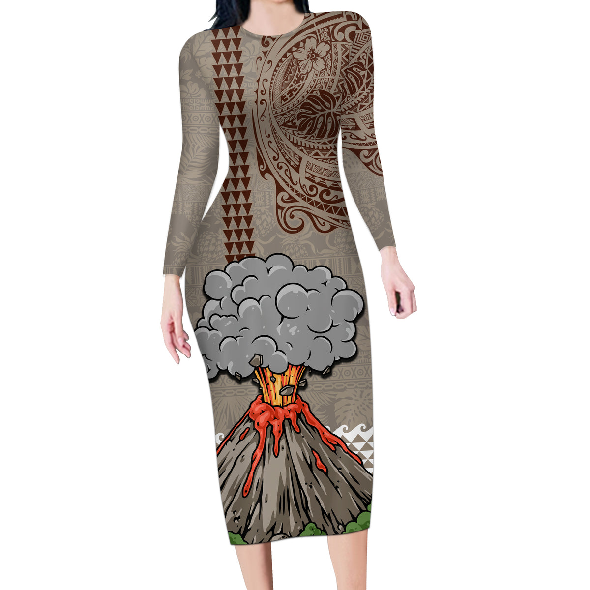 Aloha Volcano Custom Long Sleeve Bodycon Dress Mix Hawaiian Kakau Tribal LT03 Long Dress Beige - Polynesian Pride