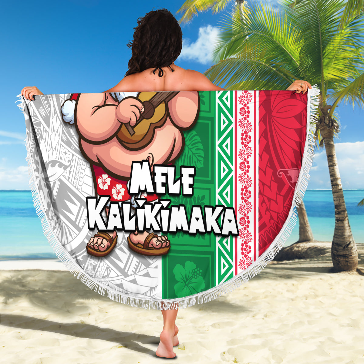 Hawaii Mele Kalikimaka Beach Blanket Santa Playing Ukele Mix Kakau Pattern Xmas Style LT03 - Polynesian Pride